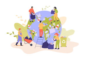 Volunteers cleaning earth from garbage flat vector illustration